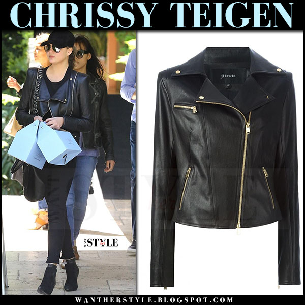 Chrissy Teigen In Black Leather Biker Jacket Bel Air On April 9 Chrissy Teigen In Black Biker Jitrois Jacket Jeans And Ankle Boots What She