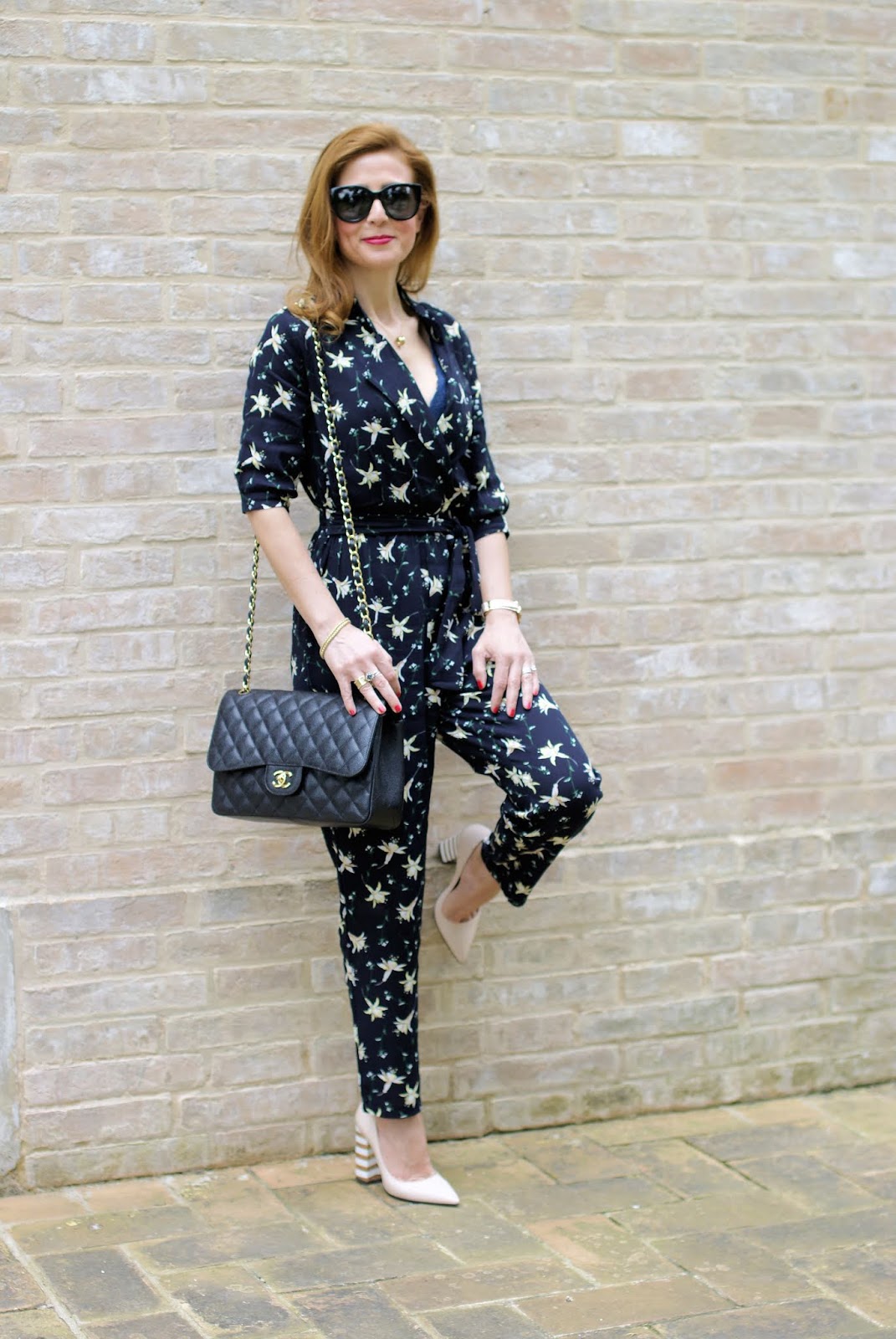 Floral jumpsuit, Chanel 2.55 and Pollini shoes on Fashion and Cookies fashion blog, fashion blogger style