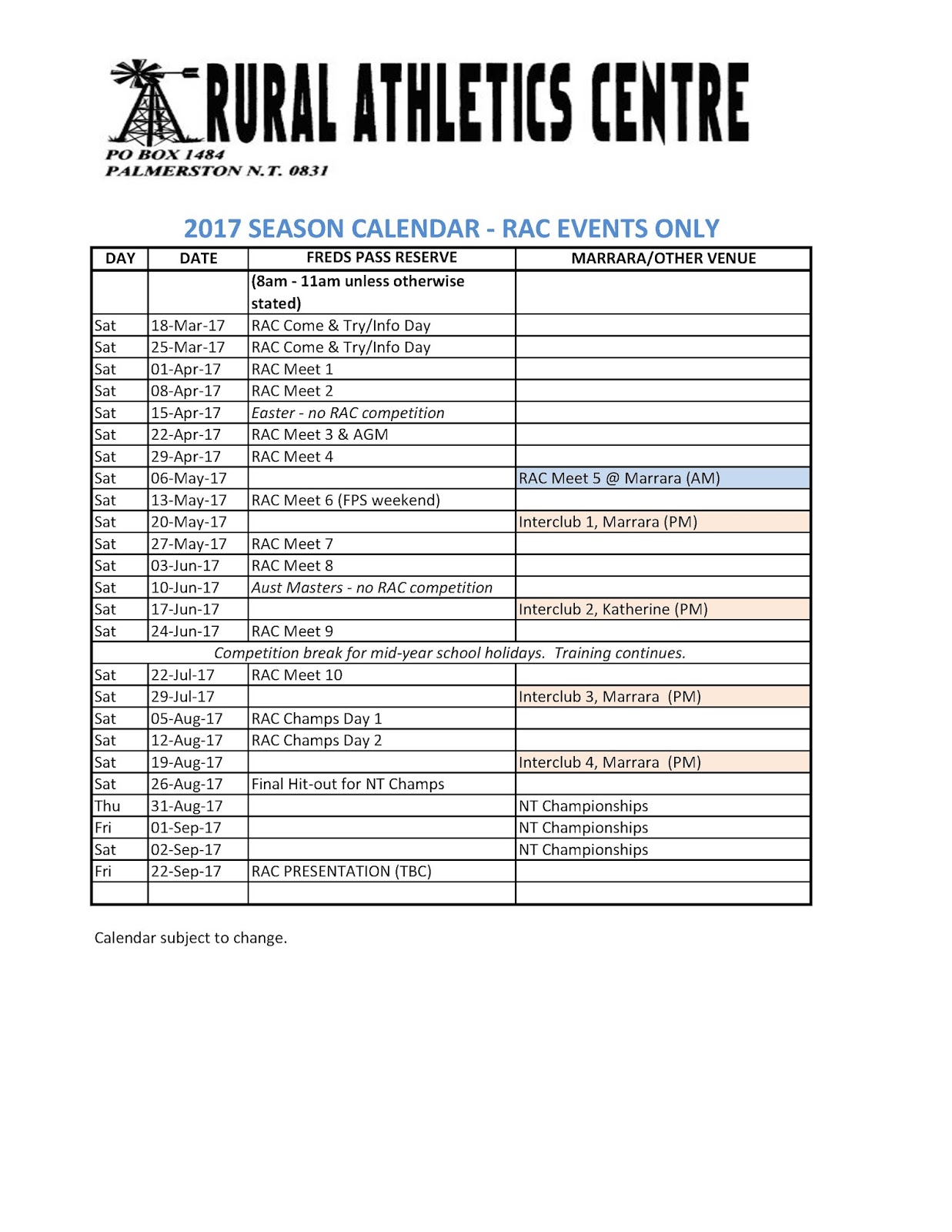 RURAL ATHLETICS CENTRE RAC Season calendars