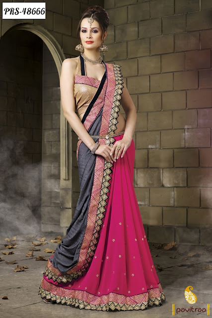 Trendy Wedding season special grey georgette designer sarees online shopping with discount offer price at pavitraa.in