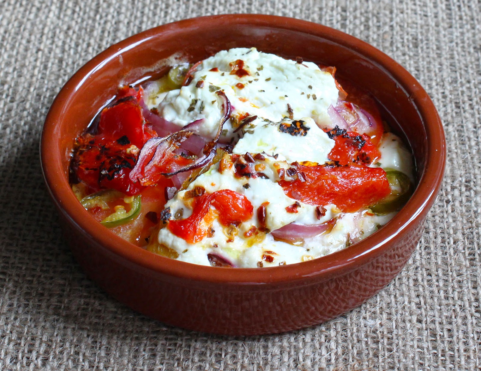 Low Fat Greekstyle Baked Yogurt Tomatoes Peppers Onions and Chilli