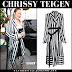 Chrissy Teigen in striped black and white robe in Beverly Hills on May 30