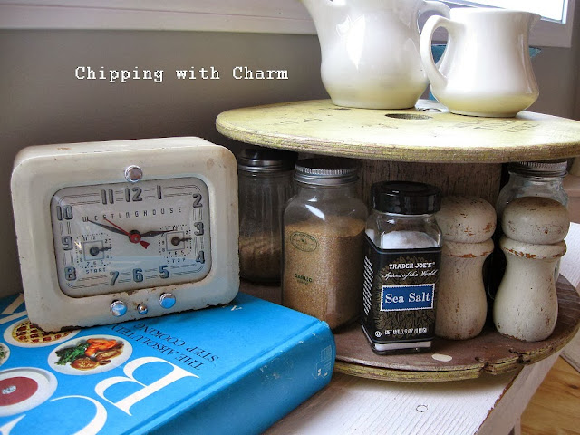 Chipping with Charm:  Getting Organized with Junk, Spool to spinning Spice Rack...http://chippingwithcharm.blogspot.com/