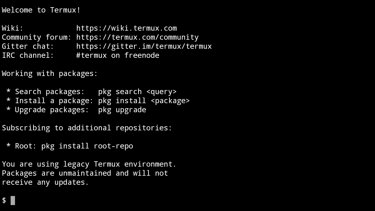 Termuxアプリの開始画面