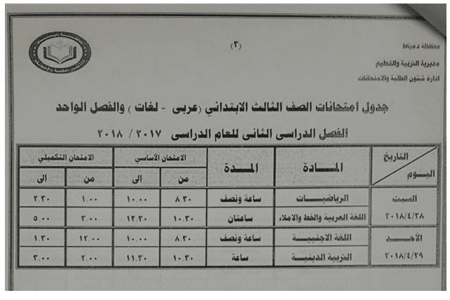 جداول امتحانات آخر العام الترم الثانى محافظة دمياط جداول امتحانات آخر العام الترم الثانى محافظة دمياط