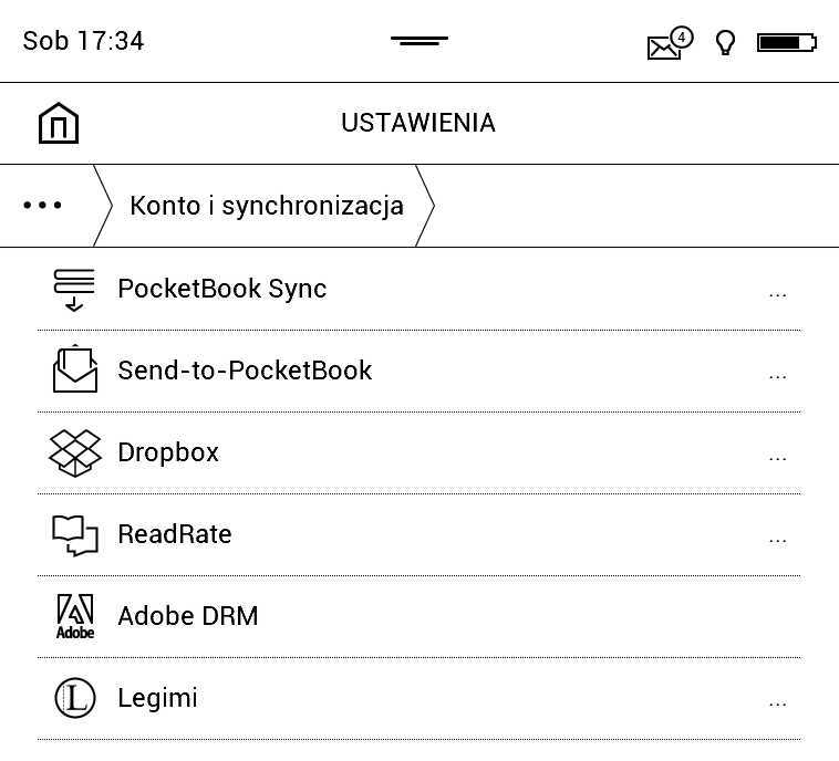 PocketBook Aqua 2 – ustawienia kont i synchronizacji. Widoczna na zrzucie ikona Legimi jest nieaktywna