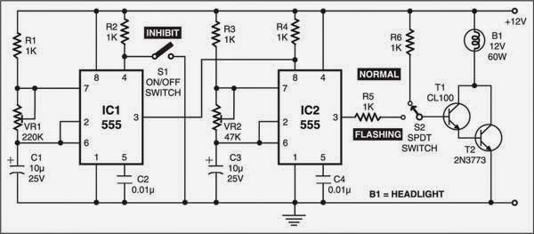 Flashing Headlight For Motor bikes Circuit Diagram | Electronic