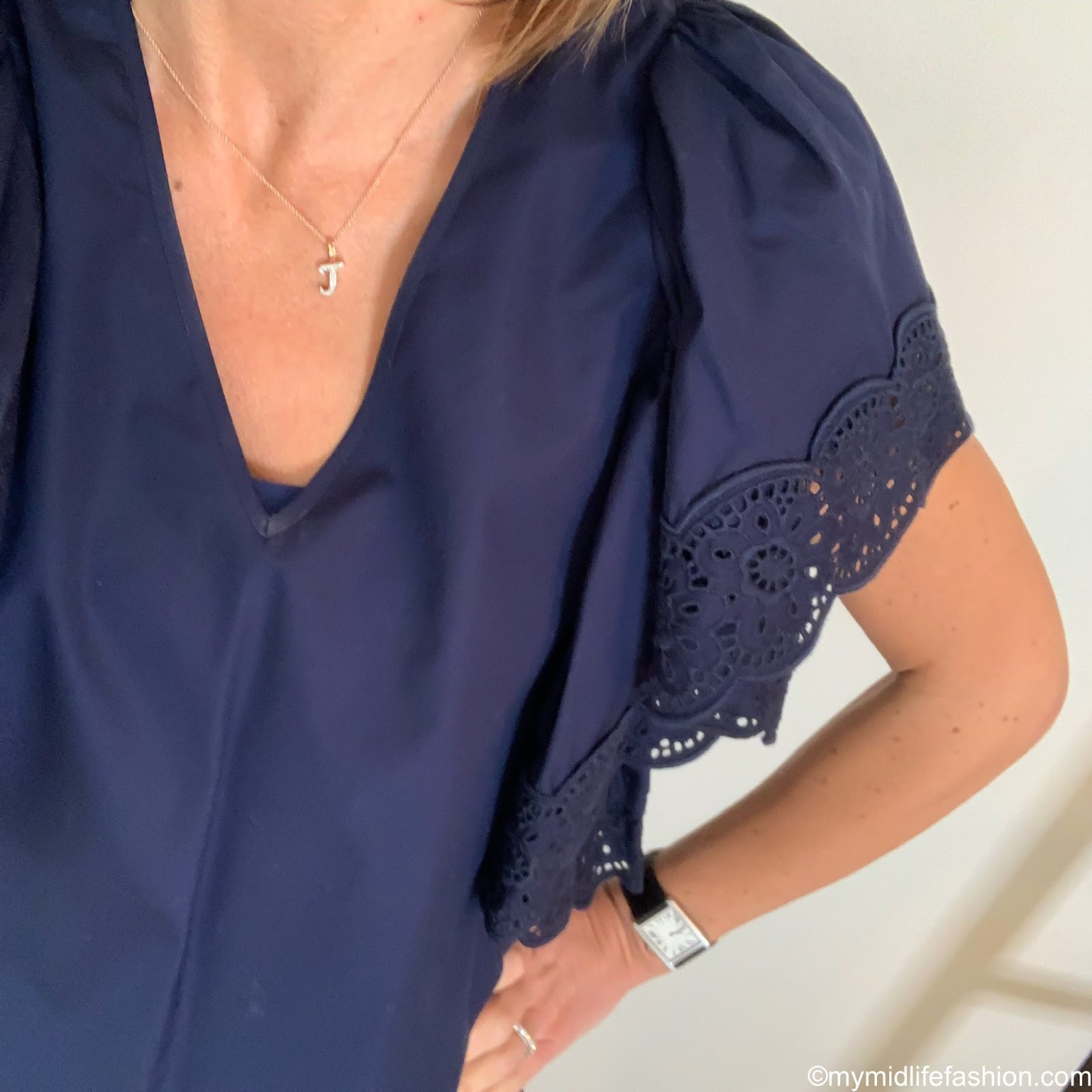 my midlife fashion, see by Chloe cotton poplin broderie anglaise blouse, j crew 8 toothpick in classic wash, initially London Canonbury bag, j crew suede pointed tassel flats
