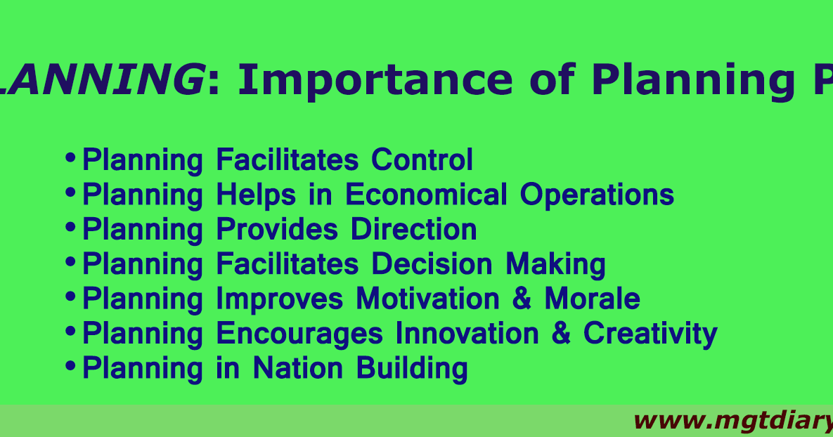 PLANNING Importance of Planning Part II Management Diary