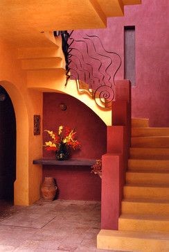 On FLEEK / Pink & Orange, the New Boho Sweethearts - color-blocked foyer and stairway