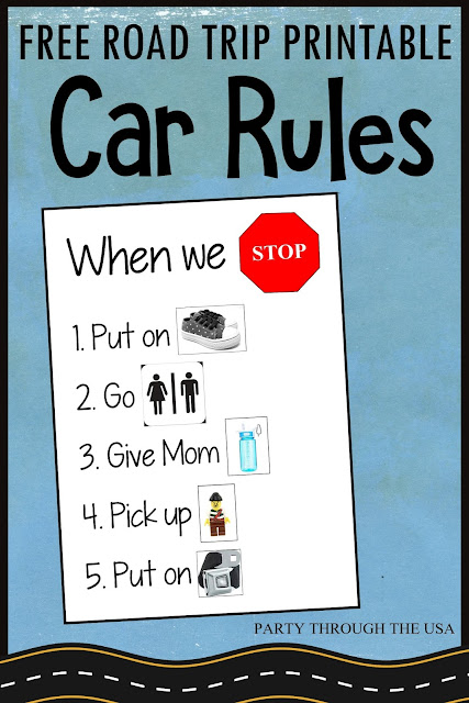 Keeping the car clean on road trips is important.  Put the kids to work with this free printable checklist, which has pictures for pre-readers.  #partythroughtheusa