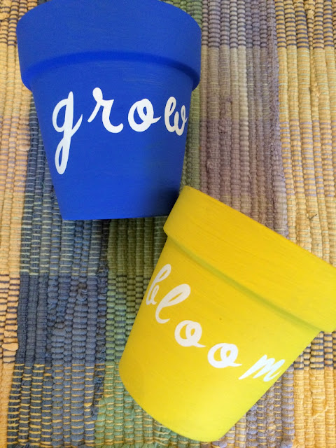 Create a bright succulent display by using painted terra cotta posts and Cricut vinyl words!