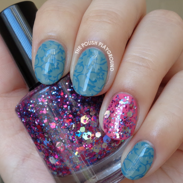 Blue Floral Vines Stamping with Glitter Accent Nail Art