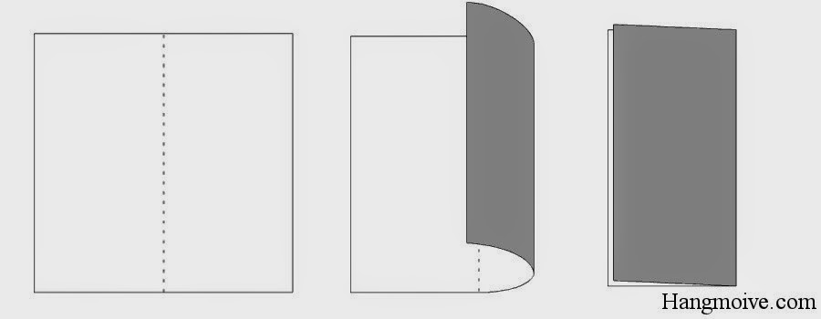 Bước 1: Gấp đôi tờ giấy lại theo chiều từ phải sang trái, sau đó lại mở giấy ra. Mục đích để tạo nếp gấp.