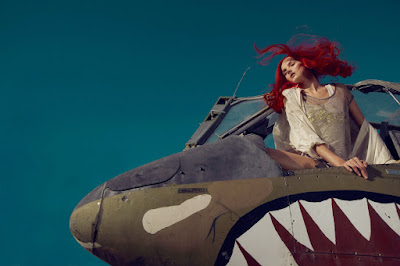 tiger shark airplane, woman in airplane, fashion and beauty photographer jamie nelson