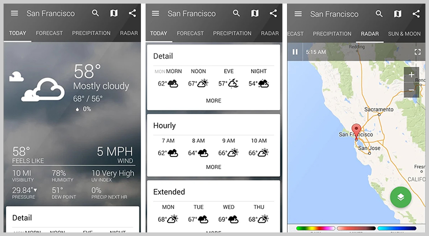 screenshots de la mejor aplicación de tiempo para android