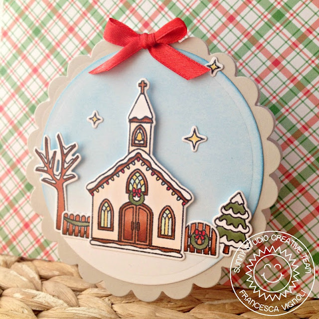 Sunny Studio Stamps: Christmas Chapel Mini Scalloped Shaped Winter Card by Fancesca Vignoli