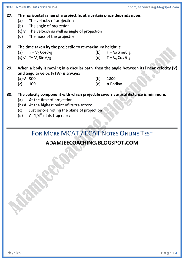 Adamjee Coaching MCAT Physics [Projectile Motion] Mcqs for Medical