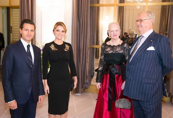 Queen Margrethe, Prince Henrik, Crown Prince Frederik, Crown Princess Mary, Prince Joachim, Princess Marie and Princess Benedikte attend an dinner hosted by President Enrique Pena Nieto and his wife Angelica Rivera of Mexico at Hotel DAngleterre