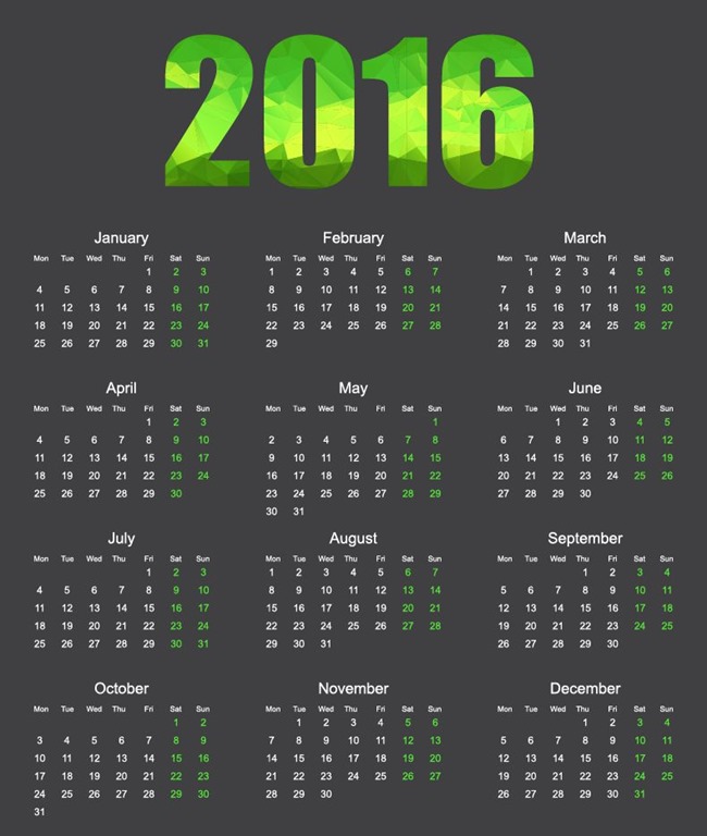 2016 Calendar with Low Poly Vector Illustration. Calendar 2016 Year Colorful Design Vector Illustration 2016 Calendar Vector Illustration.