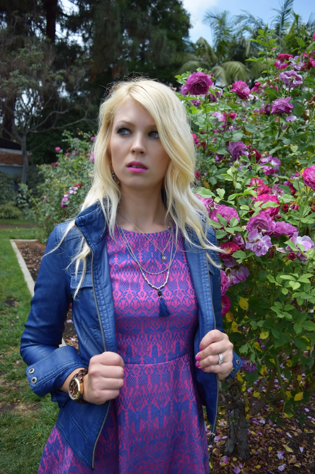 Pink blush dress, necklace, cork heels, blue leather jacket 