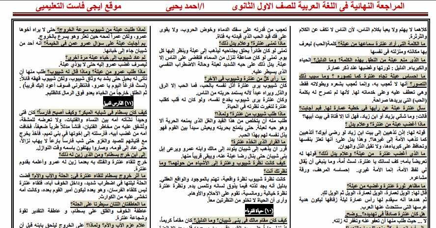 مراجعة نهائية 8 ورقات فقط اللغة العربية للصف الاول الثانوى الترم الثانى 2016