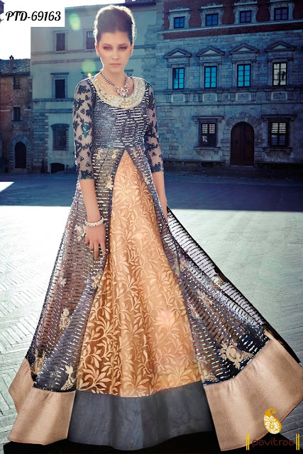 Buy Online Fresh Looking Wedding Wear Peach Color Chiffon Anarkali Salwar Suits Collection In India