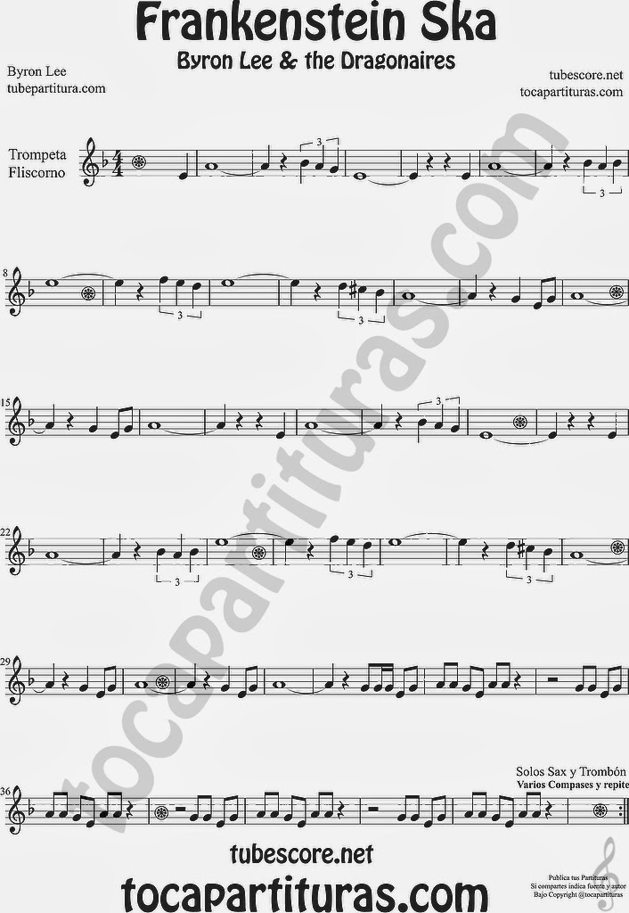 Frankenstein Ska Partitura de Trompeta, Fliscornio Sheet Music for Trumpet and Flugelhorn Music Scores Byron Lee & The Dragonaires 