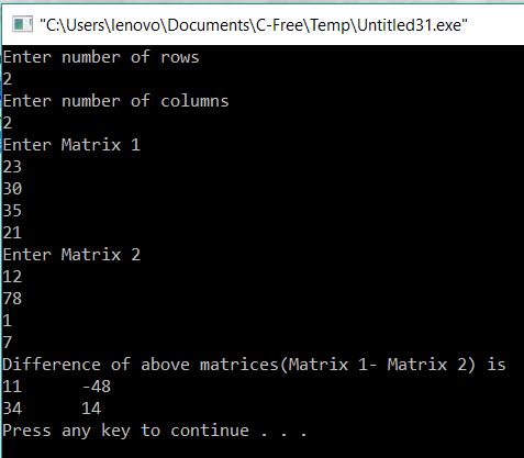 Subtract 2 Matrices using Pointers in C