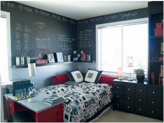 Jugendzimmer-jungs-Raumideen-jugendlich-Raummöbel-Tafelwände-schwarze-rote-Farbenkombination