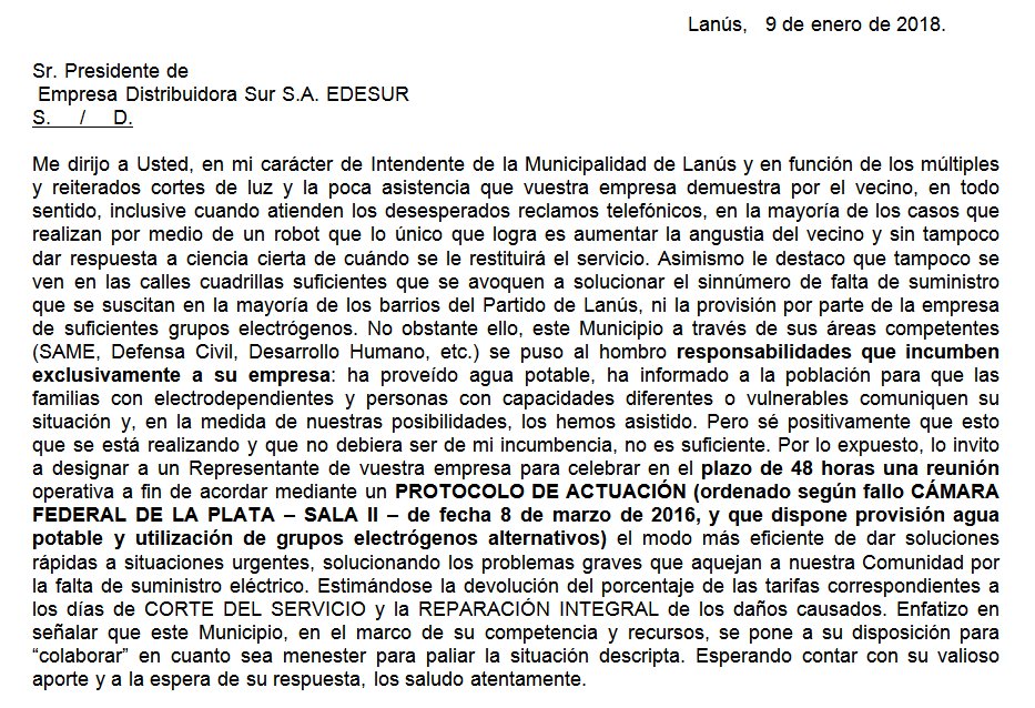 carta documento a Edesur