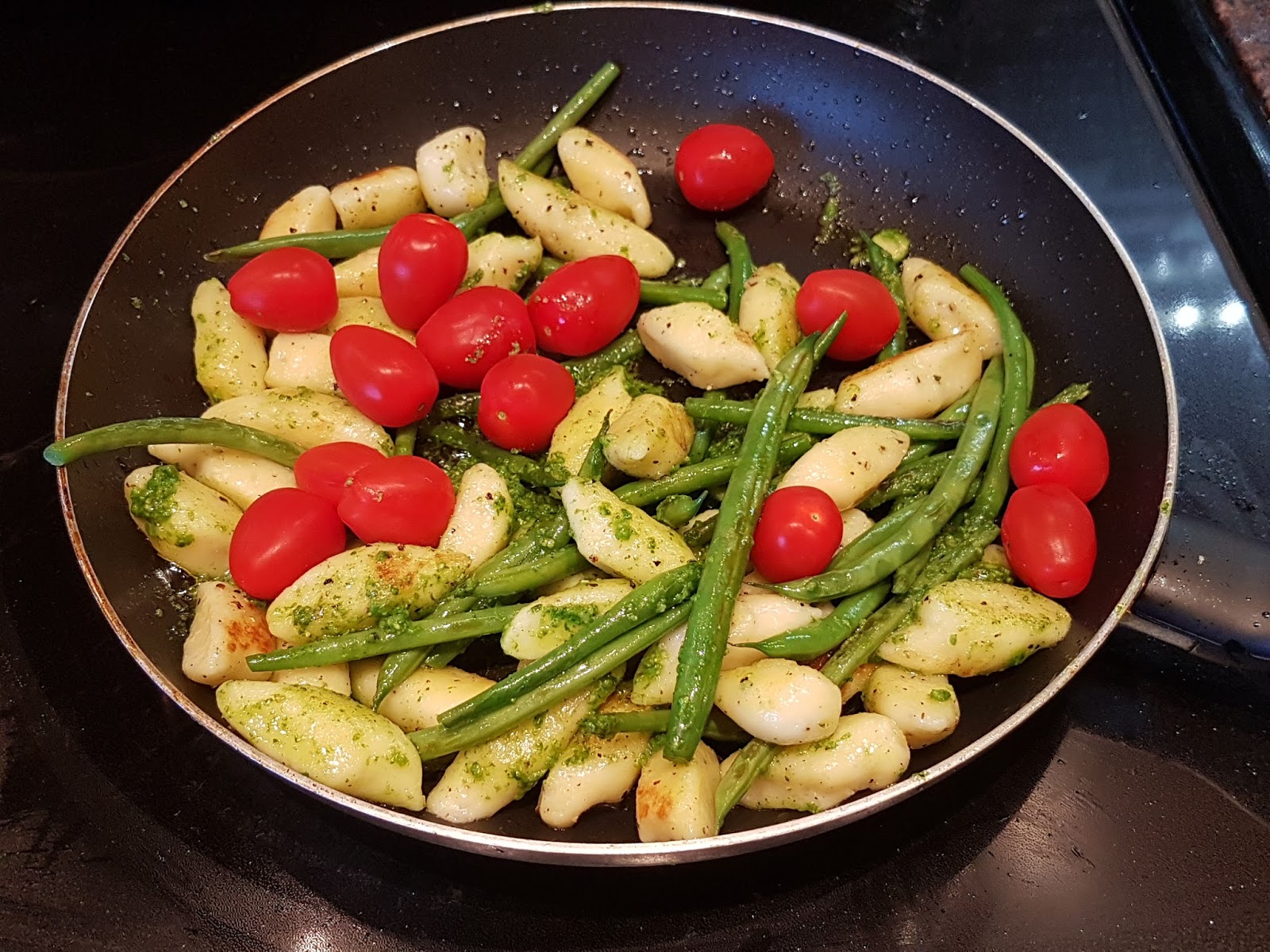 Almost Wasted Baked Cod with Crispy Gnocchi, Green Beans, Grape