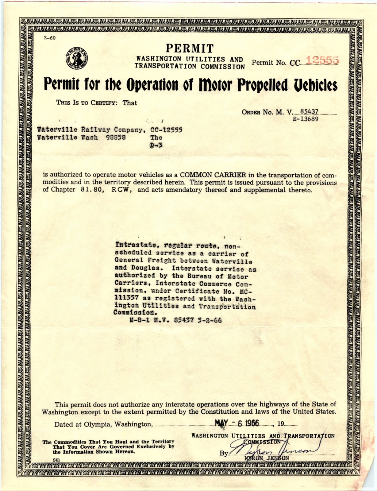 Big Bend Railroad History 1966 Permit For The Operation Of Motor