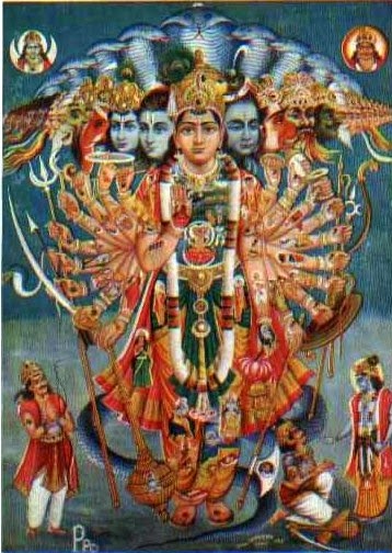Krishna Vishwarupa, a very large human figure with many hands, many heads