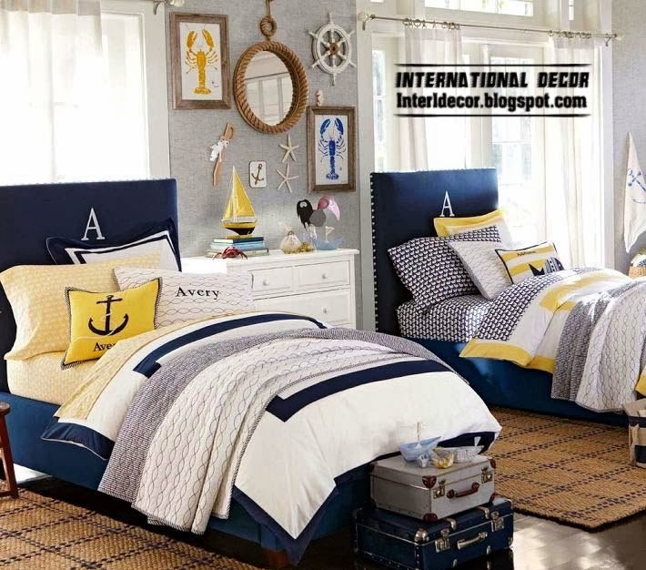 marine style teenage room design ideas, dark blue beds