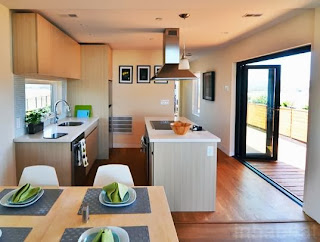 modular kitchen with wooden flooring