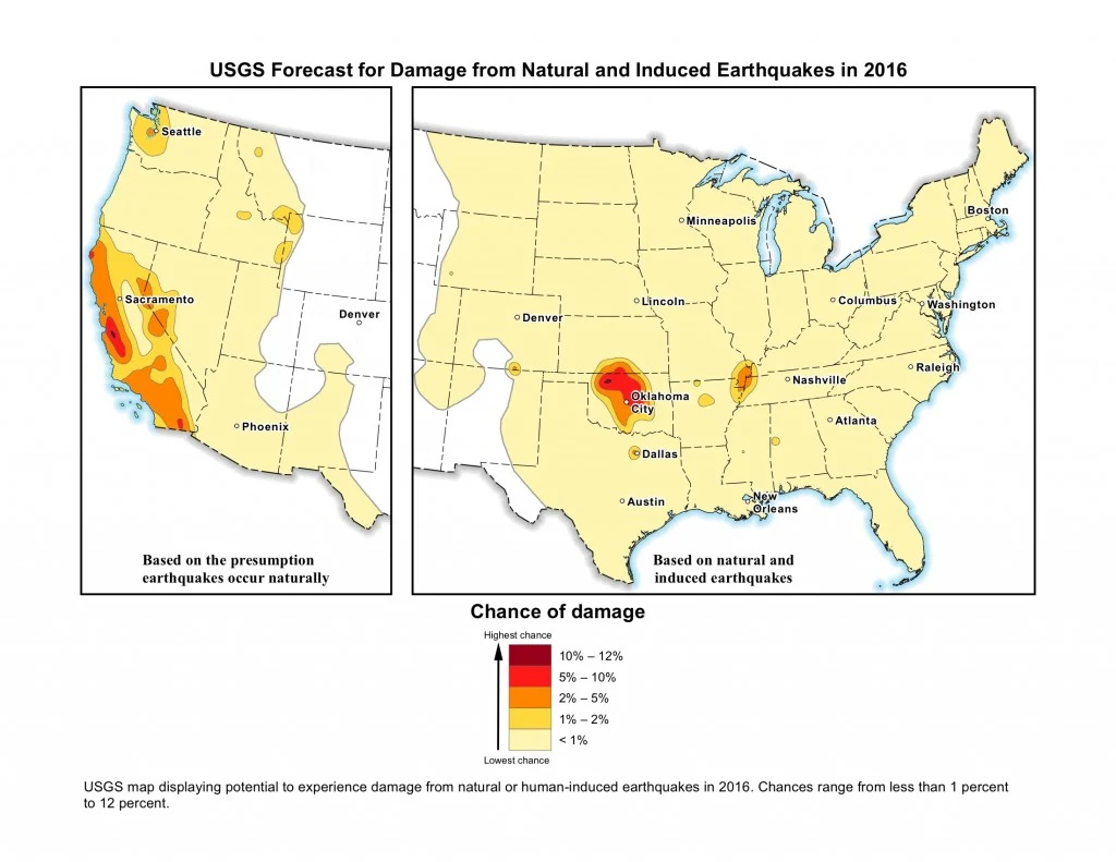 USGS forecast for damage from natural & induced earthquakes (2016) 