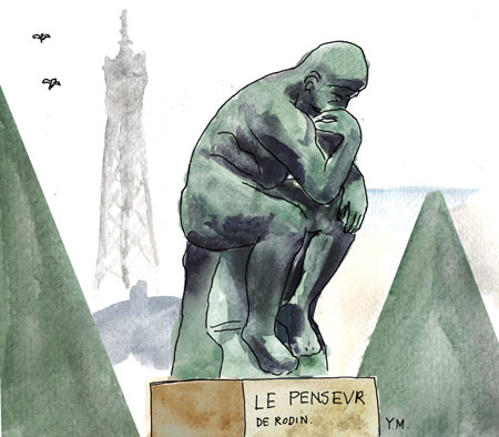 The Thinker in Rodin museum garden, Paris. Illustrator in Paris Yukié Matsushita