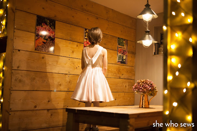 Pleated skirt dress with deep v-back rolled collar full circle party dress