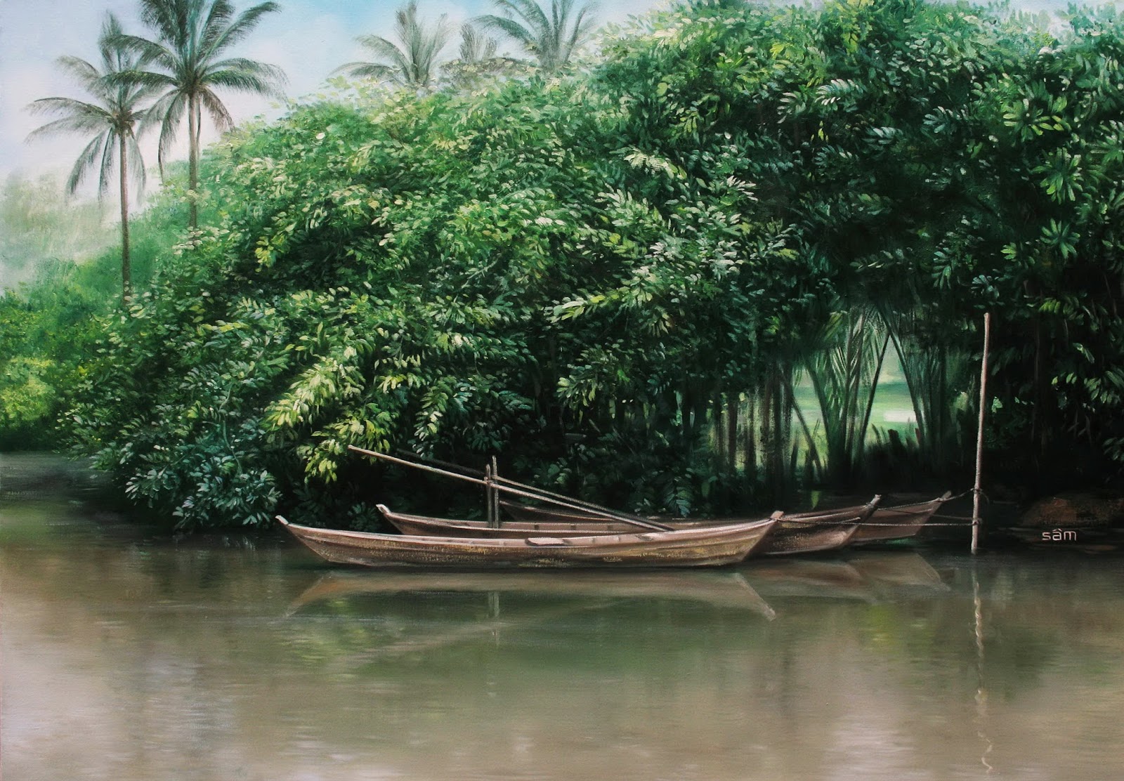 LÊ SÂM . vẽ tranh sơn dầu: tranh phong cảnh sông nước Miền Tây Nam Bộ. sơn  dầu Lê Sâm