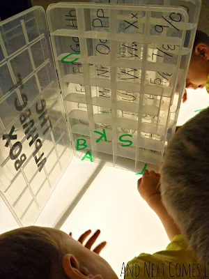 Matching and sorting transparent letters on the light table from And Next Comes L