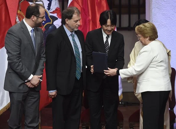 Japan's Prince Akishino and Princess Kiko and Michelle Bachelet attended the ceremony for between Chile and Japan