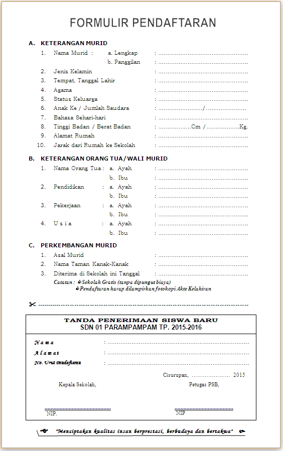 Format Formulir Pendaftaran Sekolah