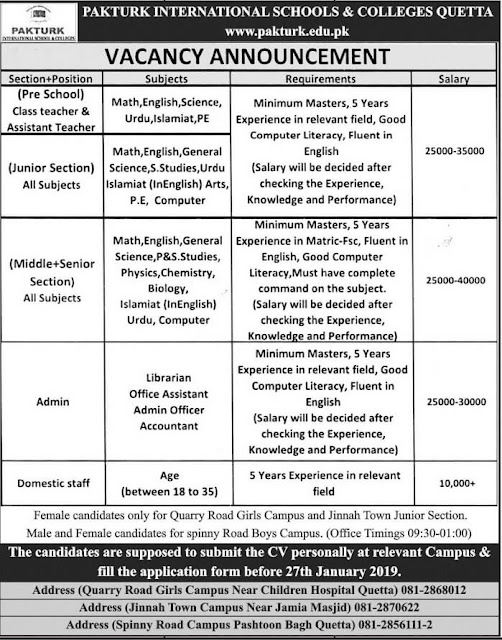 Jobs in Pakturk International School and Colleges 2018