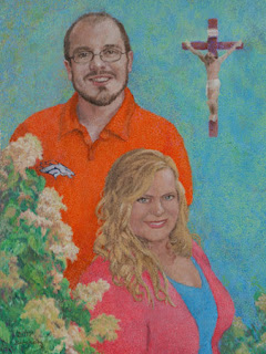 Wedding portrait painting Happy Couple with Crucifix Denver Broncos Wedding portrait painting Happy Couple with Crucifix Denver Broncos