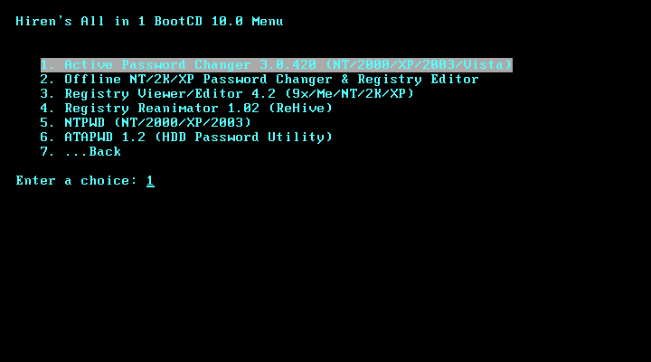7. Offline nt password and registry editor. 7. 7. Hiren boot cd menu.