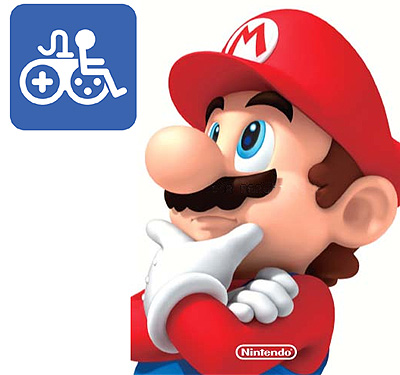 Nintendo's Mario looking pensively at a Game Accessibility symbol.