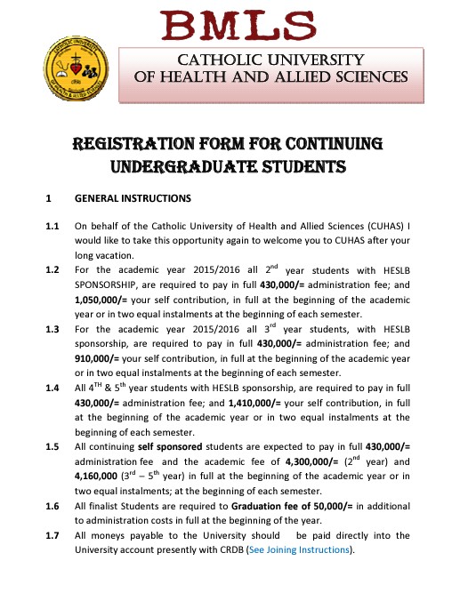 CUHAS BUGANDO MEDICAL LABORATORY SCIENCES Registration form for