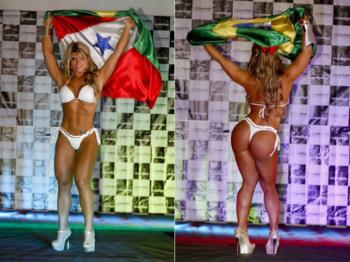 Vestida com biquíni branco, Carine Felizardo dançou com a bandeira do Pará e do Brasil durante a sua apresentação. Foto: Rubens Cavallari / Folhapress