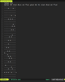 [Image: VIM screenshot of a text file containing music box markup.]